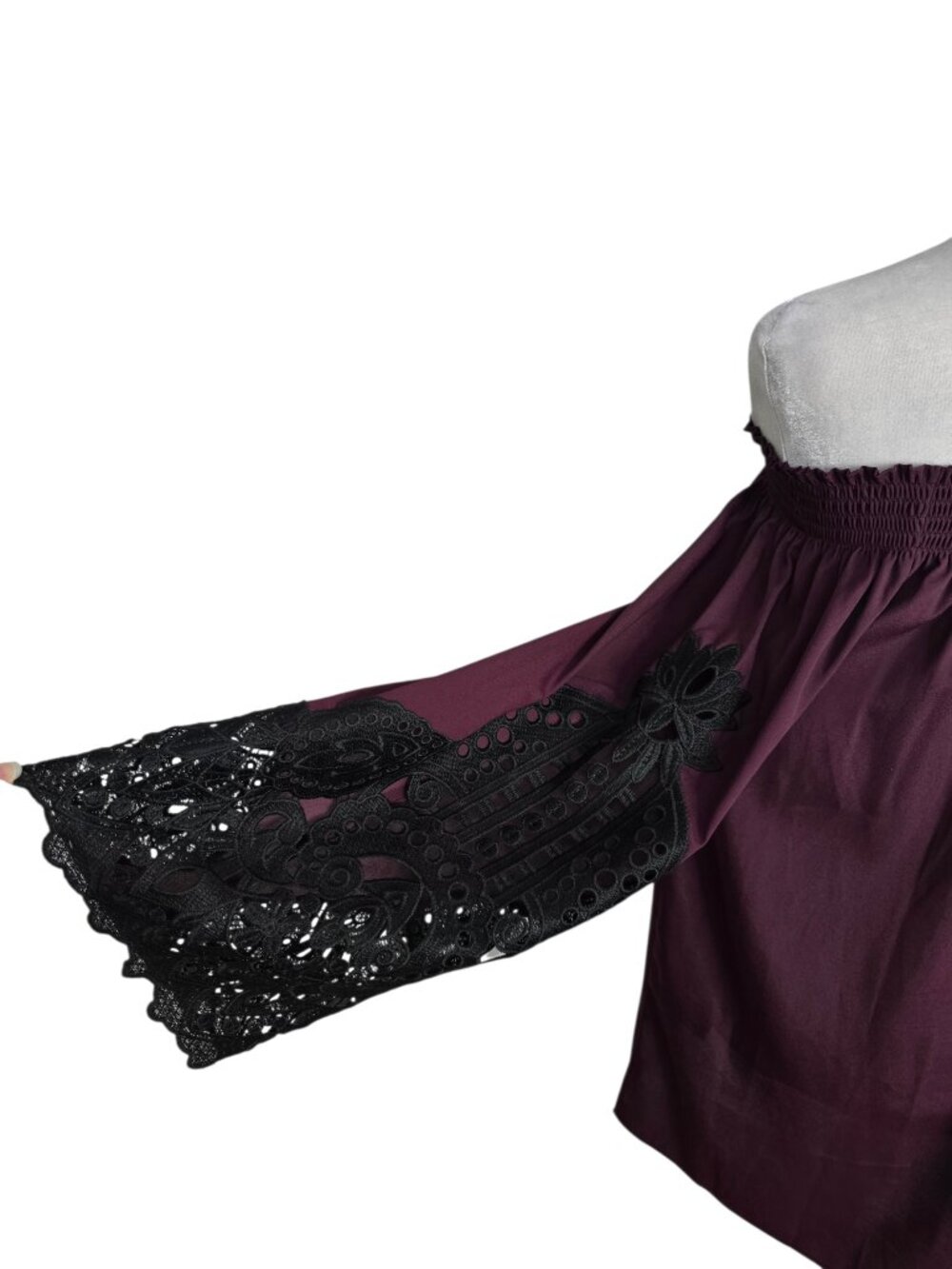 Kobi Women's Off The Shoulder Burgundy Blouse w Crochet Lace Sleeves Size Large - Picture 6 of 11